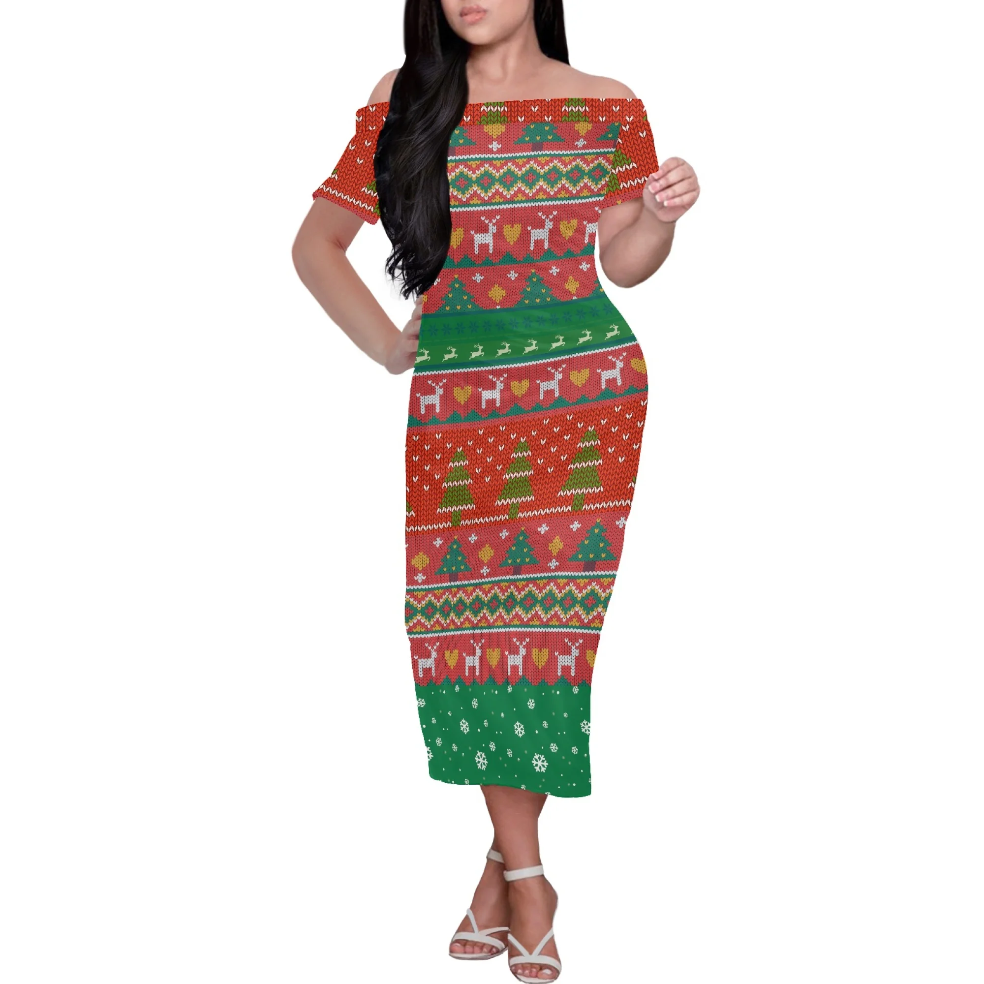 Green Polynesian Ladies Clothes Off Shoulder Dress Christmas Tree Deer Printing Design Cold Shoulder Dress Women Maxi Dress