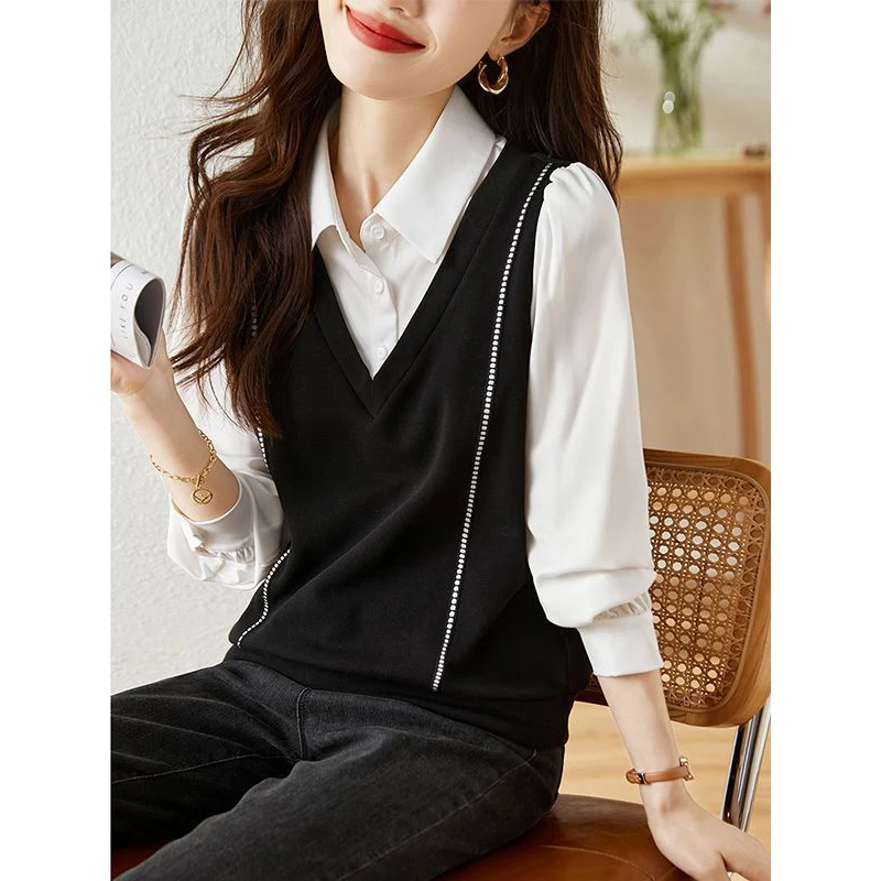 2023 Spring New Fashion Korean Simple Style Patchwork Tops Blouses for Women Casual Long Sleeve Slim Fake Two Pieces Sweet Shirt