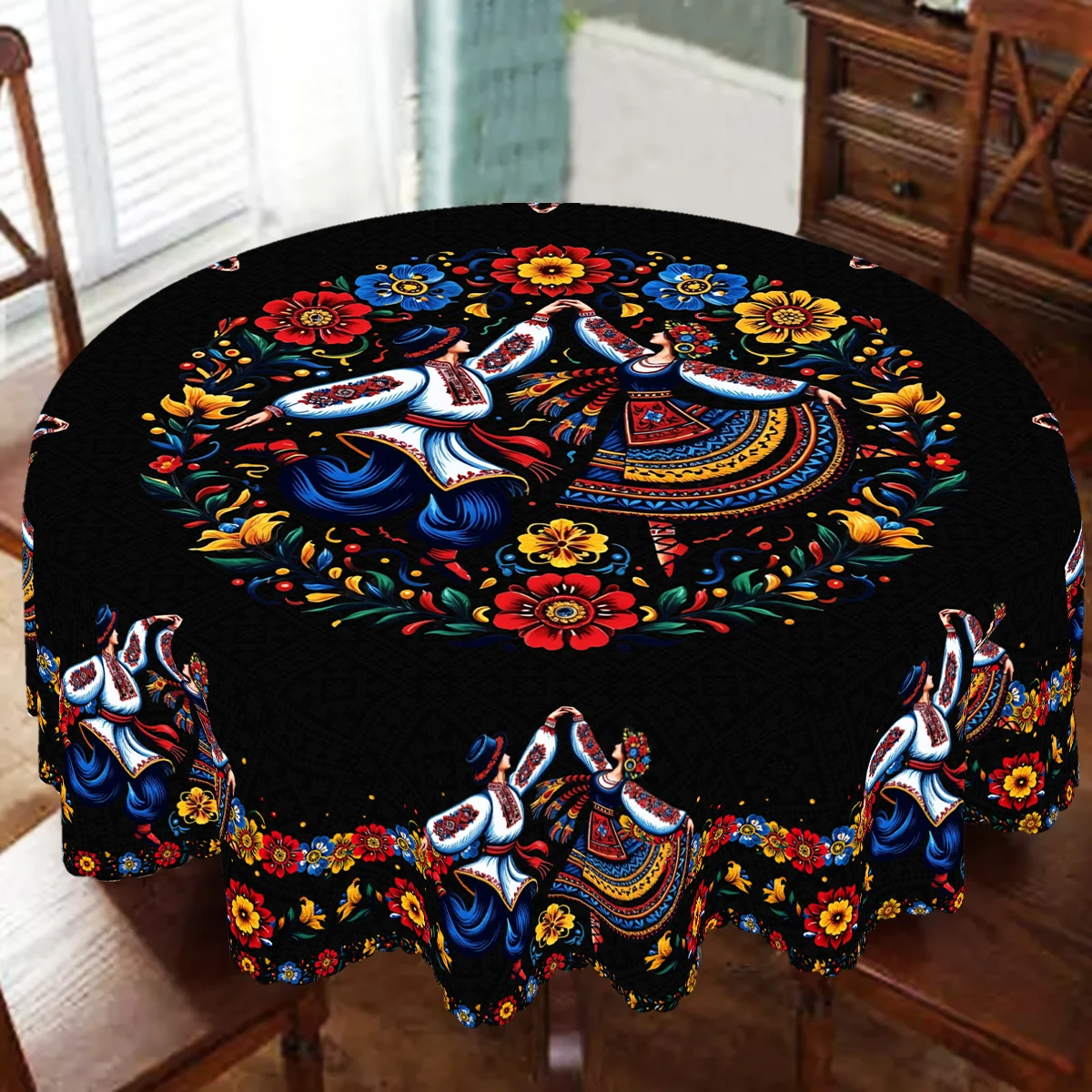 Passionate Ethnic Style Dance Tablecloth, Brightly Colored Flowers, Elegant Dancing Ukrainian Couple Pattern, Energetic Atmosphere, Embossed Edges, Waterproof, Wrinkle-Resistant, Fade-Resistant, Suitable for Rectangular and Round Dining Tables, Home Kitchen Living Room Dining Table Balcony Coffee Table, Holiday Party Holiday Table Decoration, Outdoor Picnic Decoration, Tea Table Decoration, Perfect Gift, Spring, Summer, Autumn, Winter Decoration Comes with 4 Anti-Slip Stickers. P-96