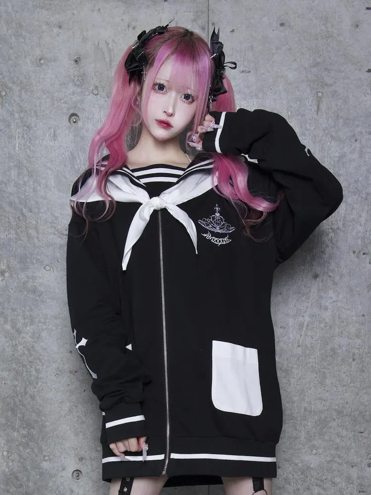 Japanese Style College Wind Sailor Collar Cross Embroidery Color Block Loose Slimming Mid-Length Zipper Jacket with Scarf