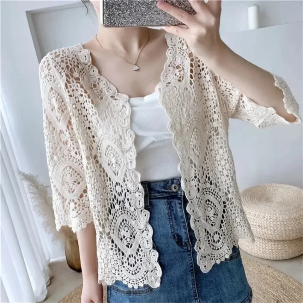 Thin Ethnic Style Embroidery Cardigan Harajuku Hollowed Out Coat Women Clothing Basic Jacket Fashion Streetwear Clothes Casual