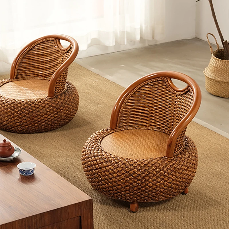 Modern Furniture Japanese Vine Woven Tatami Back Chair Living Room Sofa Chair Handmade Round Stool Balcony Leisure Tea Chair