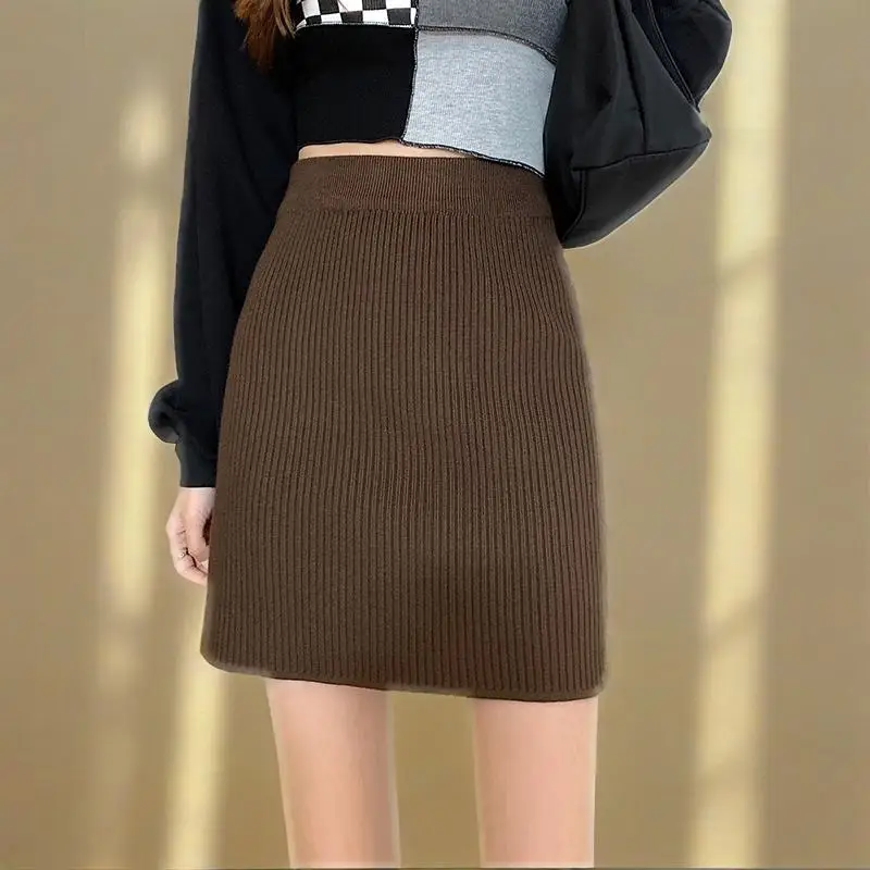 

Осенне-зимние вязаные мини-юбки трапециевидной формы для женщин, корейская мода, женские вязаные короткие юбки с высокой эластичной резинкой на талии