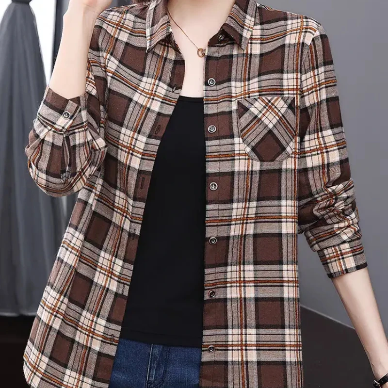 Long Sleeve Cardigan Plaid Pockets Contrast Color Turn-down Collar Spring Autumn Button Up Shirt Coats Women\'s Clothing Tops