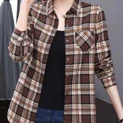 Long Sleeve Cardigan Plaid Pockets Contrast Color Turn-down Collar Spring Autumn Button Up Shirt Coats Women's Clothing Tops