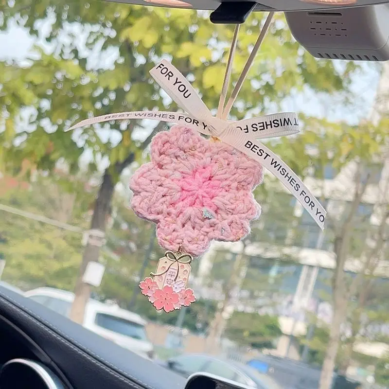 Hand-woven Pink Cherry Blossom Peach Blossom Car Rearview Mirror Car Trailer Interior Pendant Finished Goddess Gift