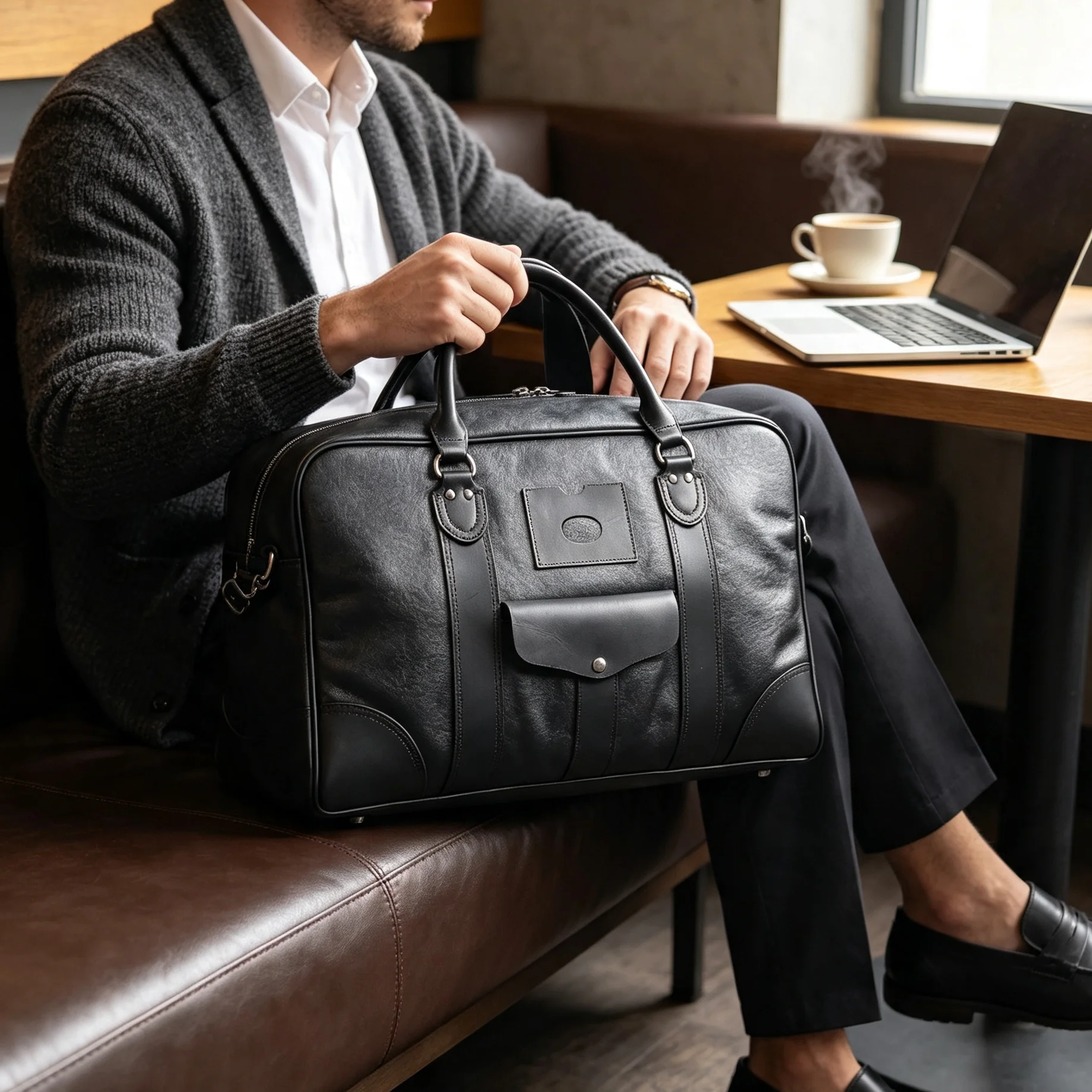 S.WORKER Vintage Reisetasche aus hochwertigem, pflanzlich gegerbtem Leder, Herren-Weekender-Reisetasche, Sporttasche für Outdoor-Reisen – Detail 5