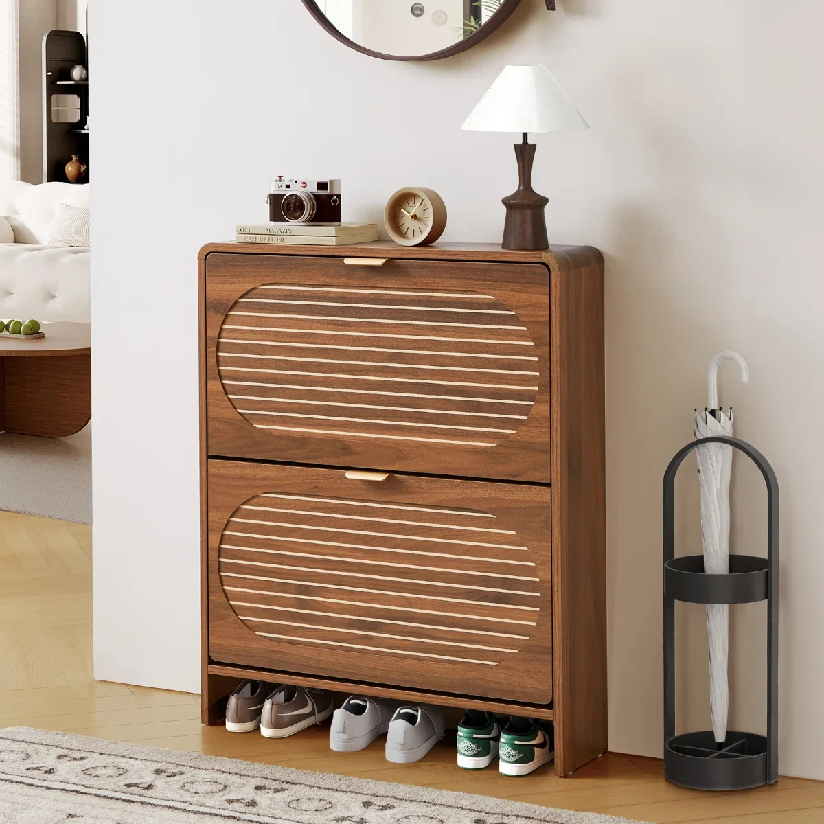 xx-Modern  Edge Design Wood Shoe Cabinet 2 Flip Drawers Stripe Pattern Wood Shoe Cabinet Hollow Bottom Storage Wood Shoe Rack*