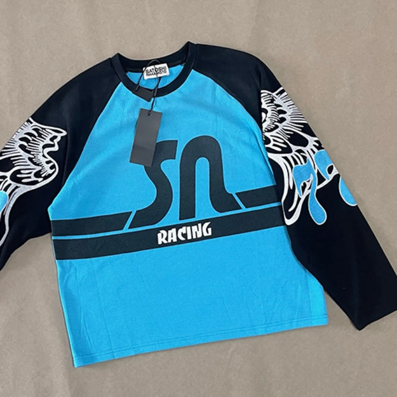 2026 New SATOSHI NAKAMOTO Retro Racing Raglan Long Sleeve Tee Symmetric Arm Art Print Streetwear Top
