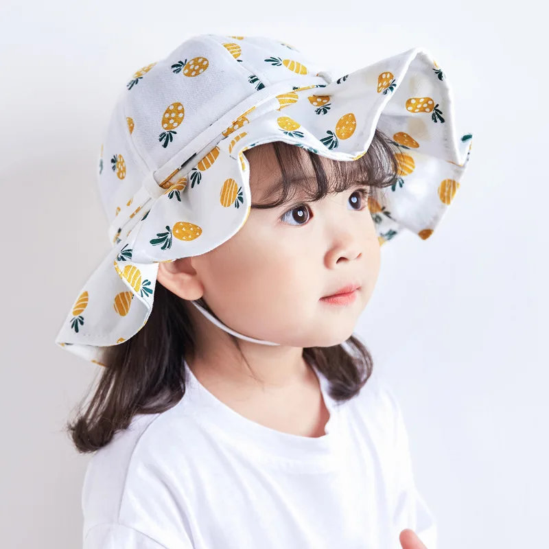 Sombrero de algodón con estampado de frutas para niñas, sombreros de cubo con lazo, Princesa, gorra de sol, viaje de playa, 1-3 años