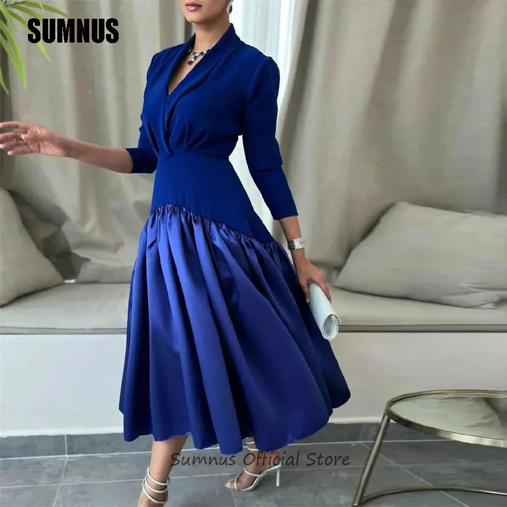 

SUMNUS Simple Long Sleeves A Line Evening Dresses Elegant V Neck Formal Prom Gowns Dubai Arabia Draped Party Dress فساتين سهرة