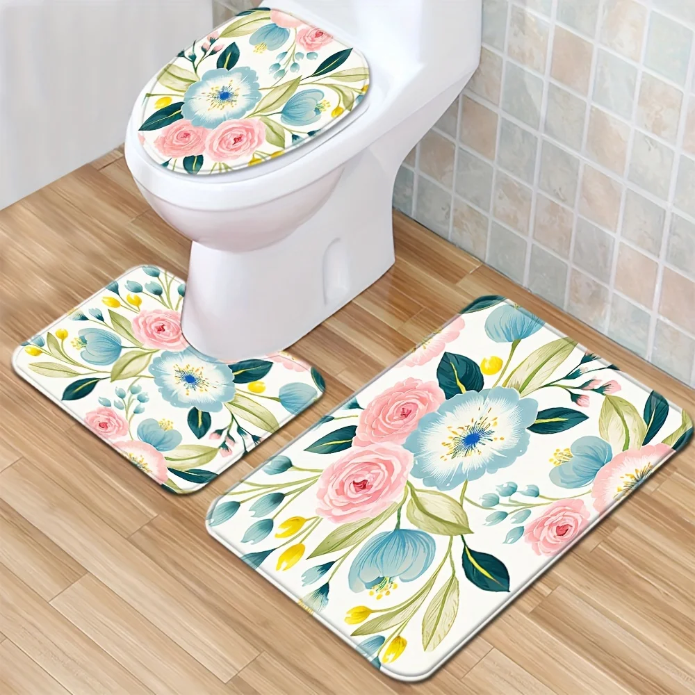 

3pcs Blooming Flowers Red Mat Set Toilet Cover Toilet Carpet Bathroom Absorbent Door Mat Bathroom Three-Piece Non-Slip Mat Decor