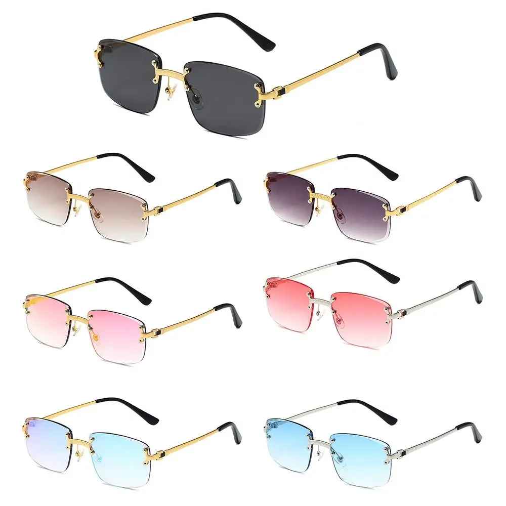 

Rimless Cut Edge Rectangular Sunglasses High Quality UV Protection Gradient Lens Shades Eyewear for Street, Travel, Beach