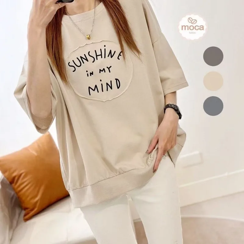 New Middle-aged Women Loose Top Ladies Casual Smooth T-Shirt Slightly Chubby Adult Plus Size T-Shirt Aunt Pure Cotton Top Letter