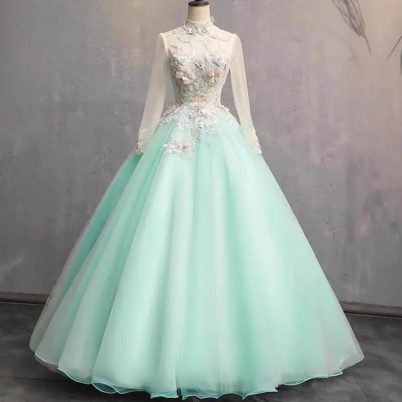 Customized Sweet Lace Appliques Quinceanera Dresses With Long Sleeve Elegant High-neck Tulle Ball Gowns Newest Prom Dress