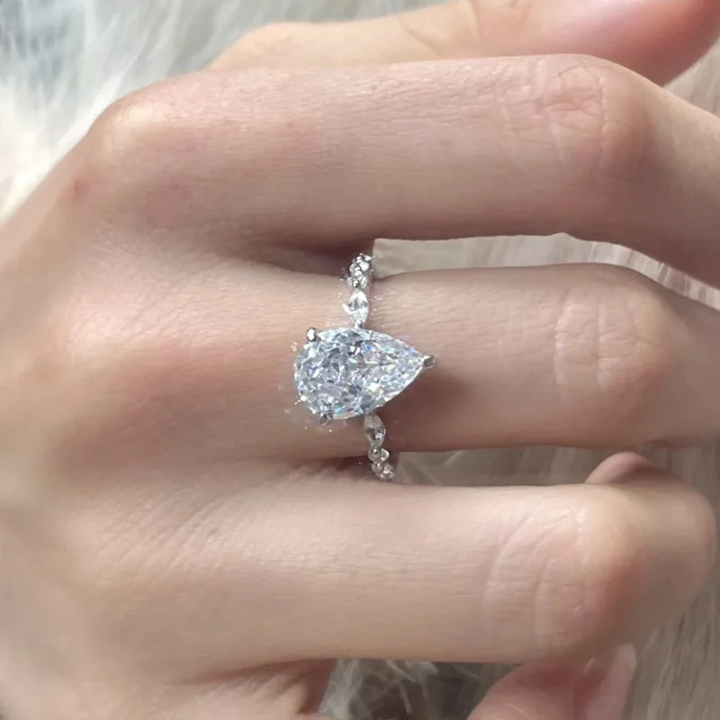 الأزياء الأوروبية والأمريكية الفاخرة S925 الفضة مطعمة عالية الكربون الماس مويسانيتي قطرة الماء 8 * 12 حلقة، نمط #5