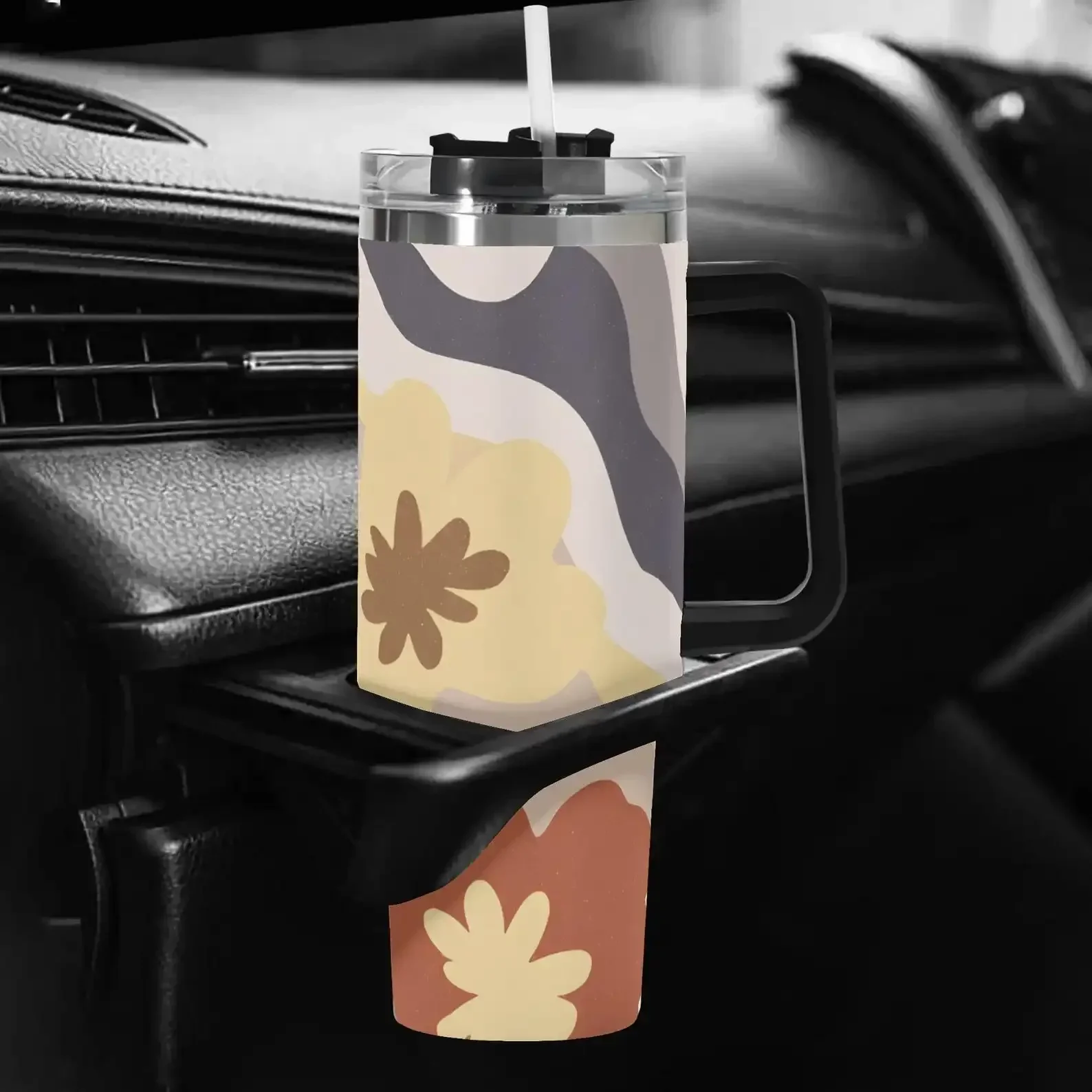 Earthy Wavy Daisy 40Oz Tumbler | Neutral Retro Floral Insulated Travel Mug with Handle | Slate Sage Bloom Cup | Stainless Steel