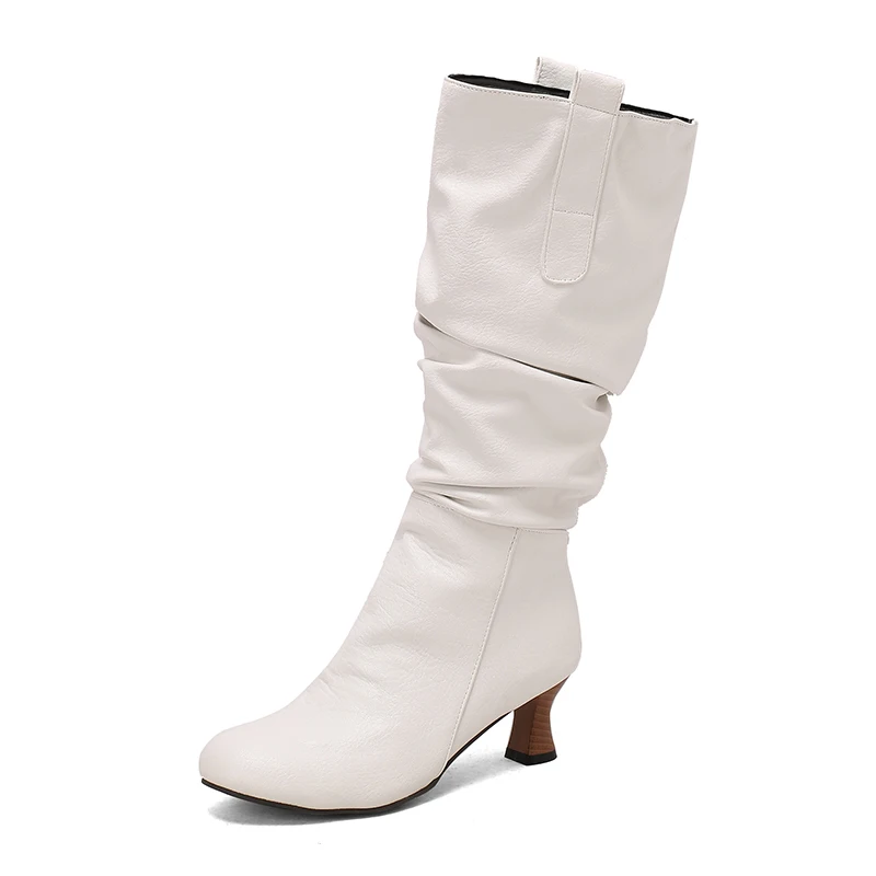 

Женские сапоги до колена, кожаные высокие ботильоны, туфли на боковой молнии на каблуке «котенок»
