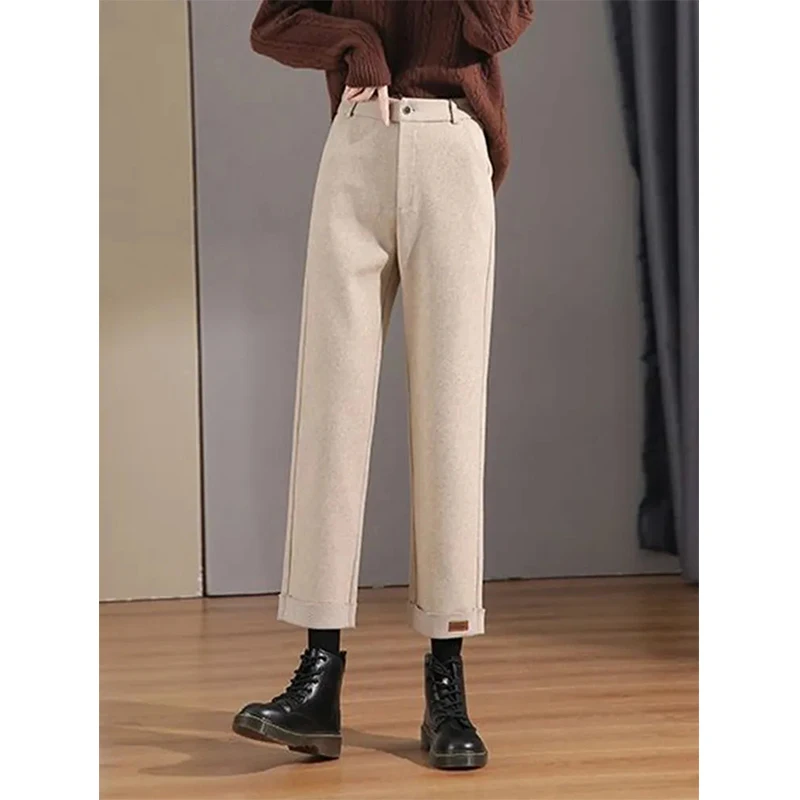 Elegant Wool Wide Leg Pants Women Solid High Waist Casual Trousers Vintage Korean Baggy All Match Straight Ankle-Length Pants