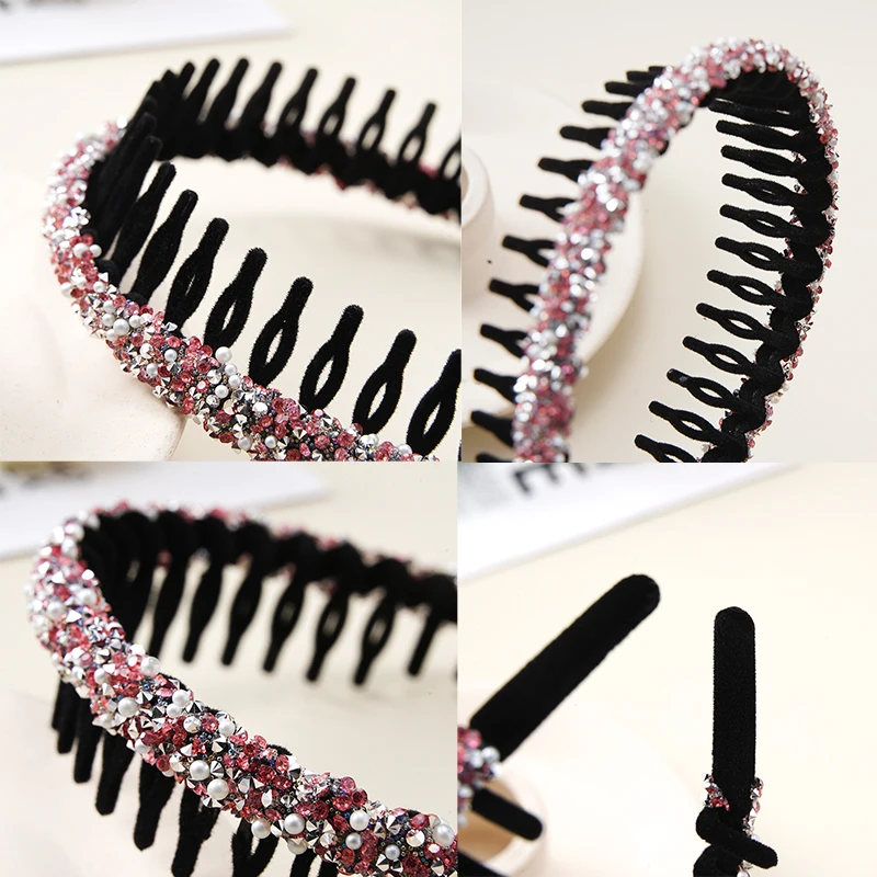 Retro Women Hair Hoop Flocking Pearl Rhinestone Hairband Elastic Hair Band Bezel Girl Headband Fashion Headdress Hair Accessorie