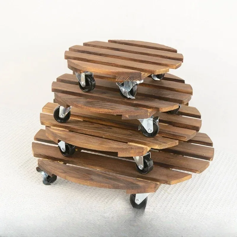 Solid Wood Circular Universal Wheel Flowerpot Wooden Holder with Wheel Flowerpot Base Carbonized Wood Mobile Flowerpot Base