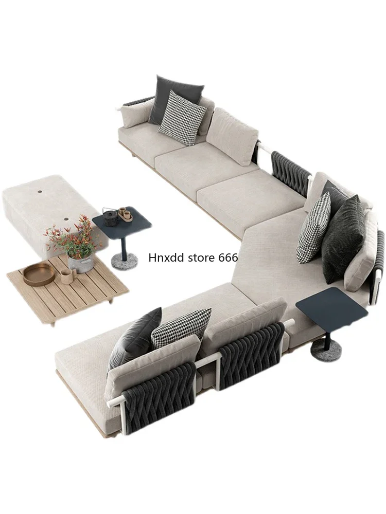 Outdoor sofa courtyard waterproof and sunscreen rattan solid wood terrace coffee table rattan chair combination furniture