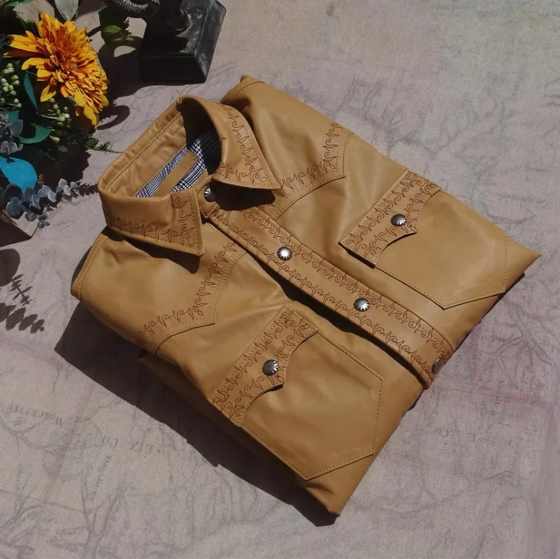 

New Spring Autumn Fall Fashion Men's Shirt with Embroidery Long Sleeves Genuine Sheepskin Real Natural Leather Khaki for Male