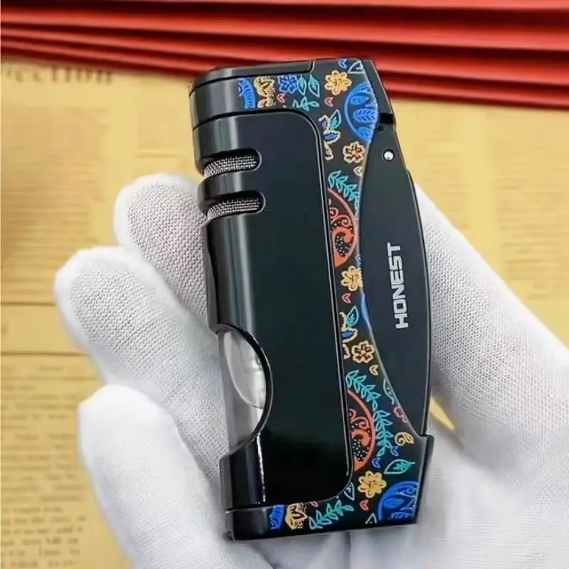 HONEST  Windproof Direct Blue Flame Butane Gas Bottom Cigar Knife Visible Oil Window Side Pressure Ignition Cigar Special Tool