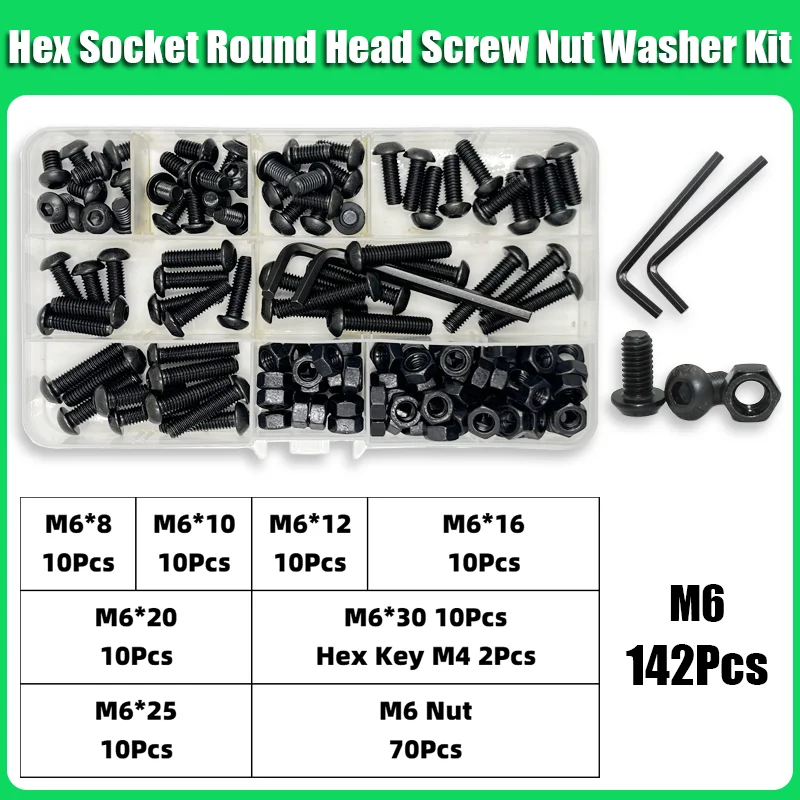 Innensechskantschrauben-Set mit Innensechskant, M2, M2,5, M3, M4, M5, M6, Schwarz, 10,9 Güteklasse, Innensechskant-UNC-Bolzen mit Mutter, Unterlegscheiben-Sortiment – Detail 11