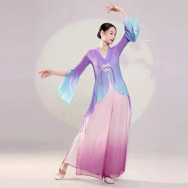 2024 Chinese Vintage Dance Costume Traditional Flower Embroidery Mesh Tops+Pants Set Stage Performance Gradient Color Hanfu