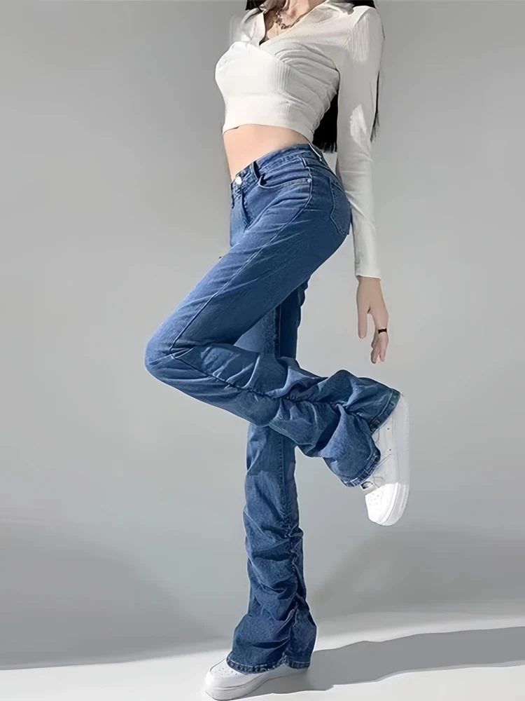 

Американские ретро джинсы с высокой талией и плиссированным подолом, расклешенные прямые джинсы, женские утягивающие длинные брюки, высокоэластичная полиэфирная ткань