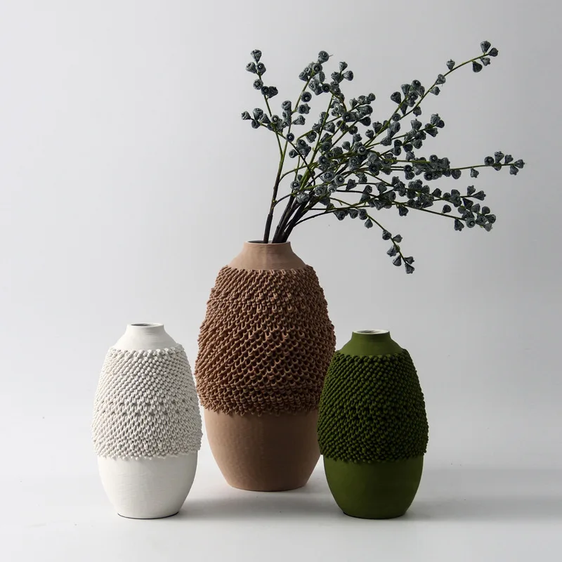 Nordic style Morandi color green ceramic flower ware 3D printing creative vase combination high-end home decoration