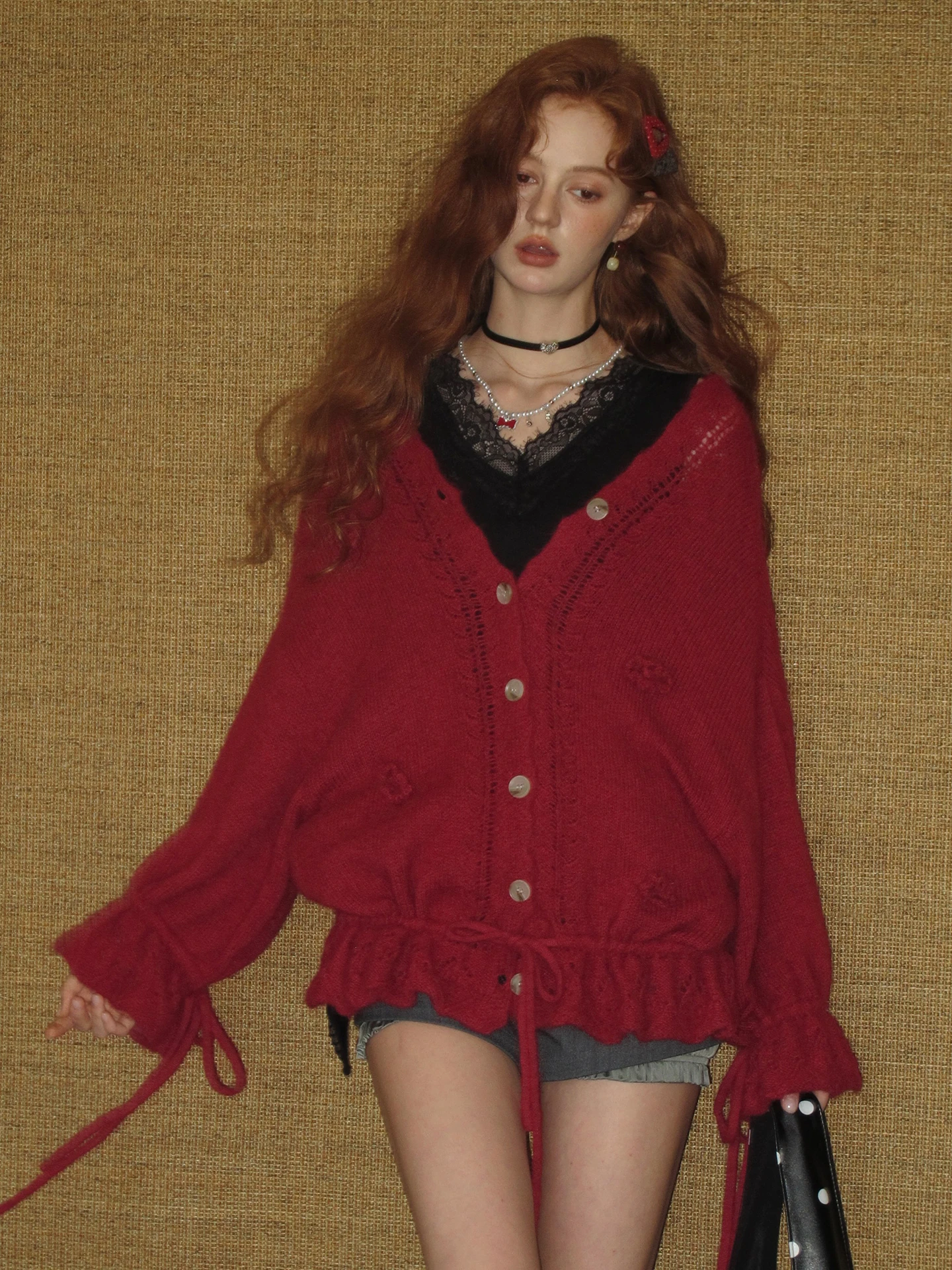 

AsGony Red Knitted Sweater Wool Blend V-Ne Loose Fit Long Sve Dstring Casual Winter Top for Women Daily Wear