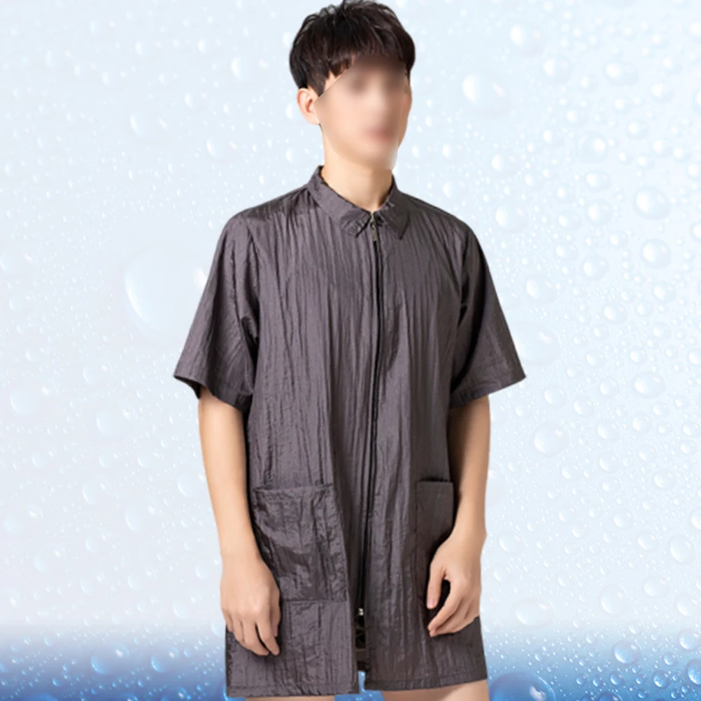 

Premium Hair Salon Smock Stylist Work Uniform Short Sleeve Grey Waterproof Durable Soft Easy Clean Turn-Down Collar Pocket