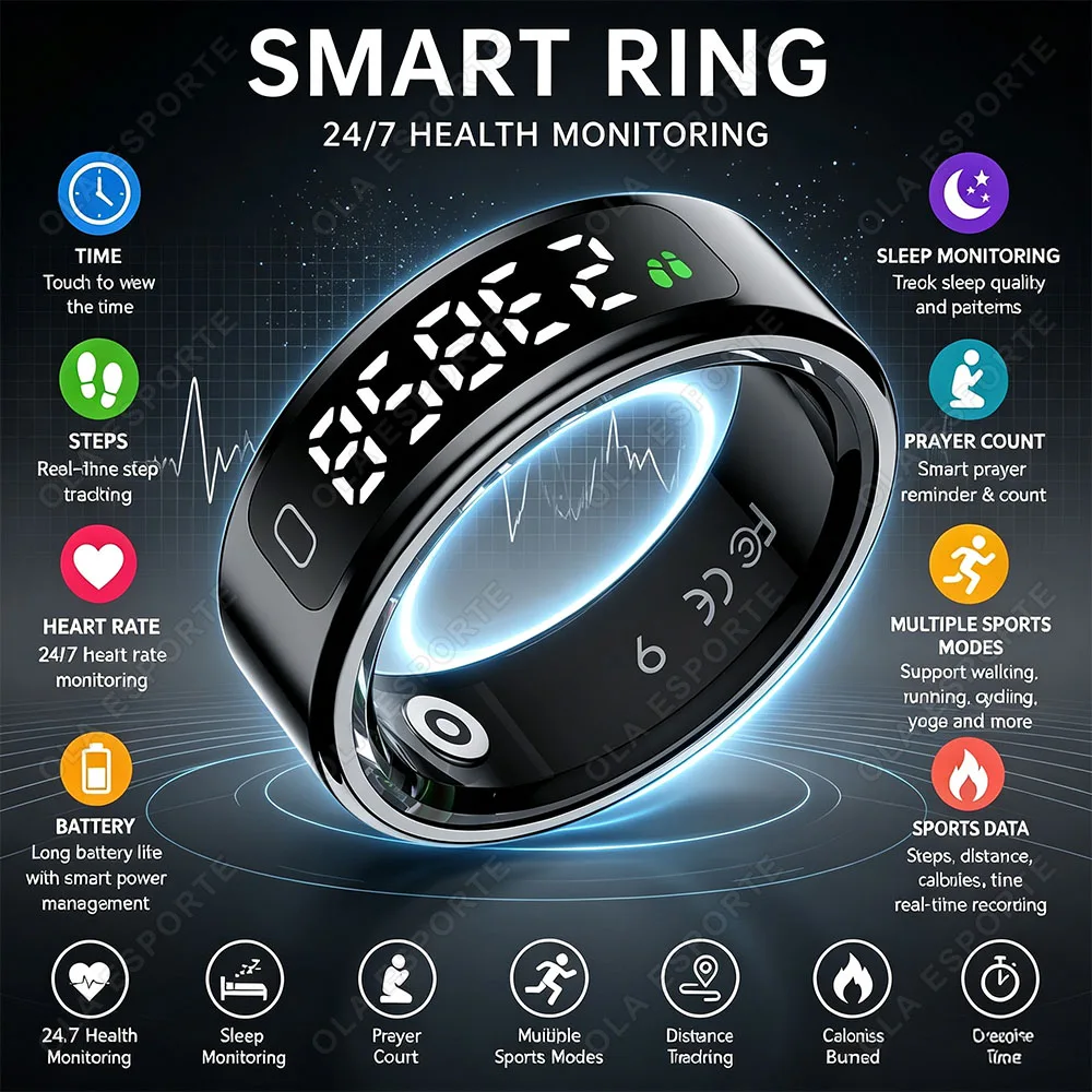 Smart Ring HRV Heart Rate Blood Oxygen Sleep Monitor Time Display Prayer Counter Multiple Sports Modes Calorie Calculation R12