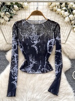 SINGREINY Women Art Print Sheer Top Fashion 2025 O Neck Long Sleeves Slim Beach T Shirt Transparent Vintage Sexy Blouse