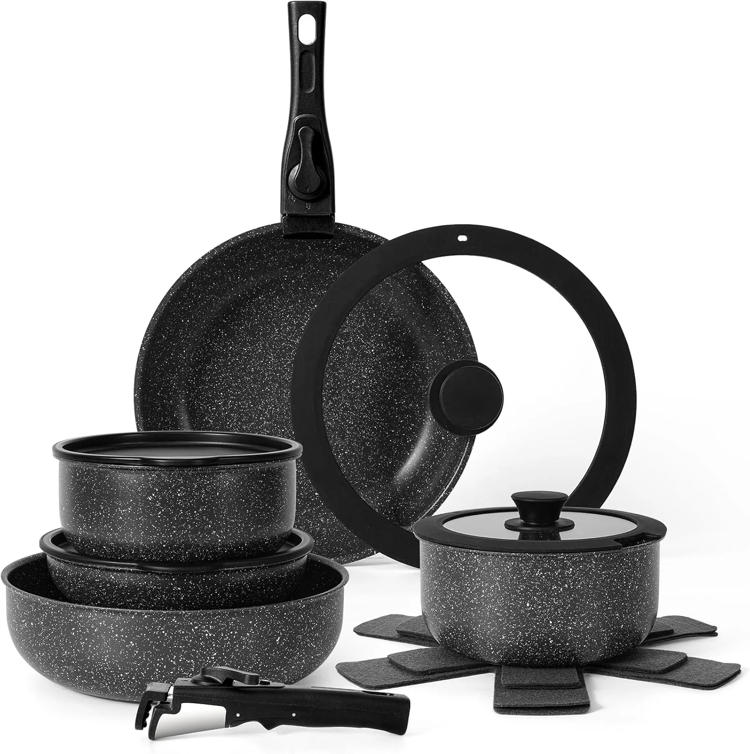 Venta caliente 15 Uds. Juego de utensilios de cocina de aluminio antiadherentes en blanco y negro, sartenes de inducción de diseño moderno, ollas de vidrio, comida de cocina sostenible