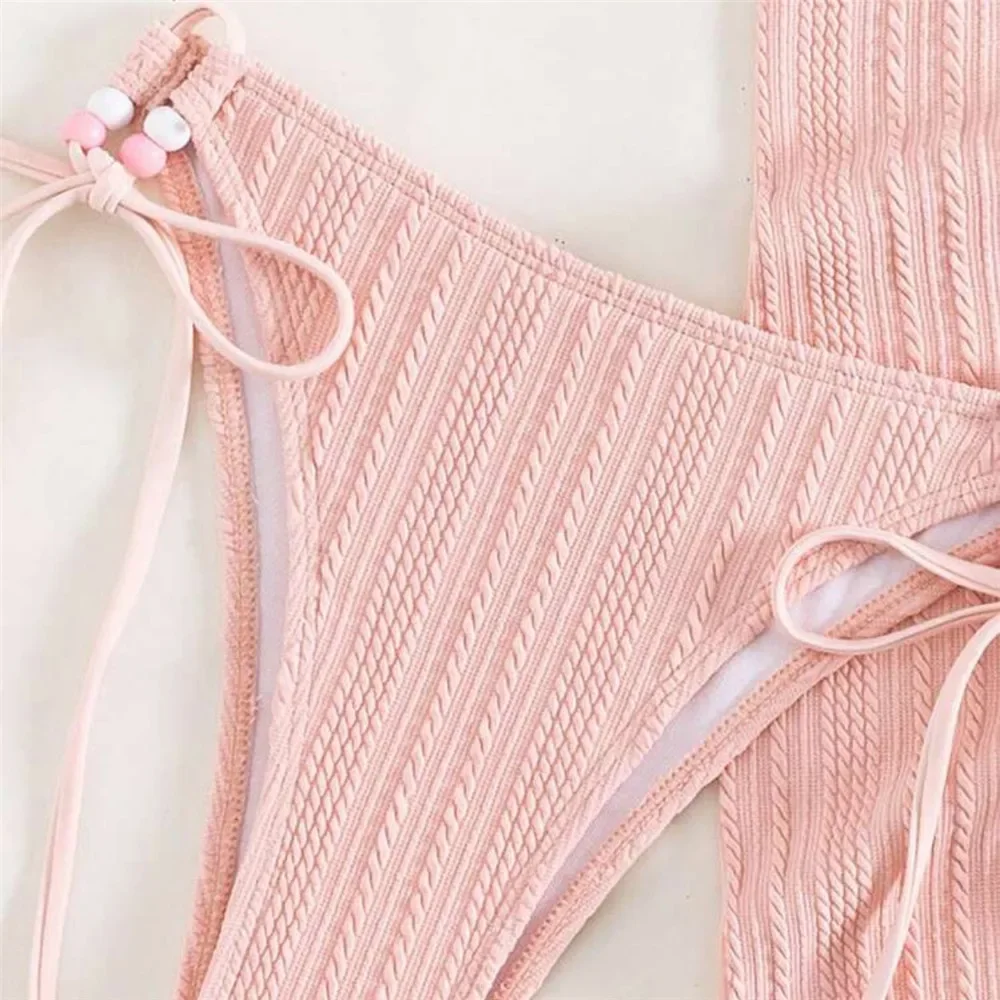 الوردي مضلع ملابس السباحة مع التستر سلسلة الرسن 3 قطعة مجموعة البكيني مثير مايكرو ثونغ ملابس السباحة النساء 2024 الفراولة بحر