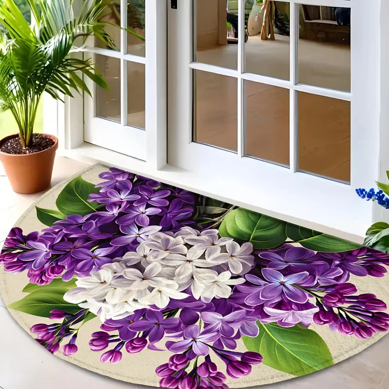 Classic Purple Lilac Pattern Semi Circle Rug Sweet Floral Flower Carpet Cute Entryway Floor Mat For Springtime Home Decor