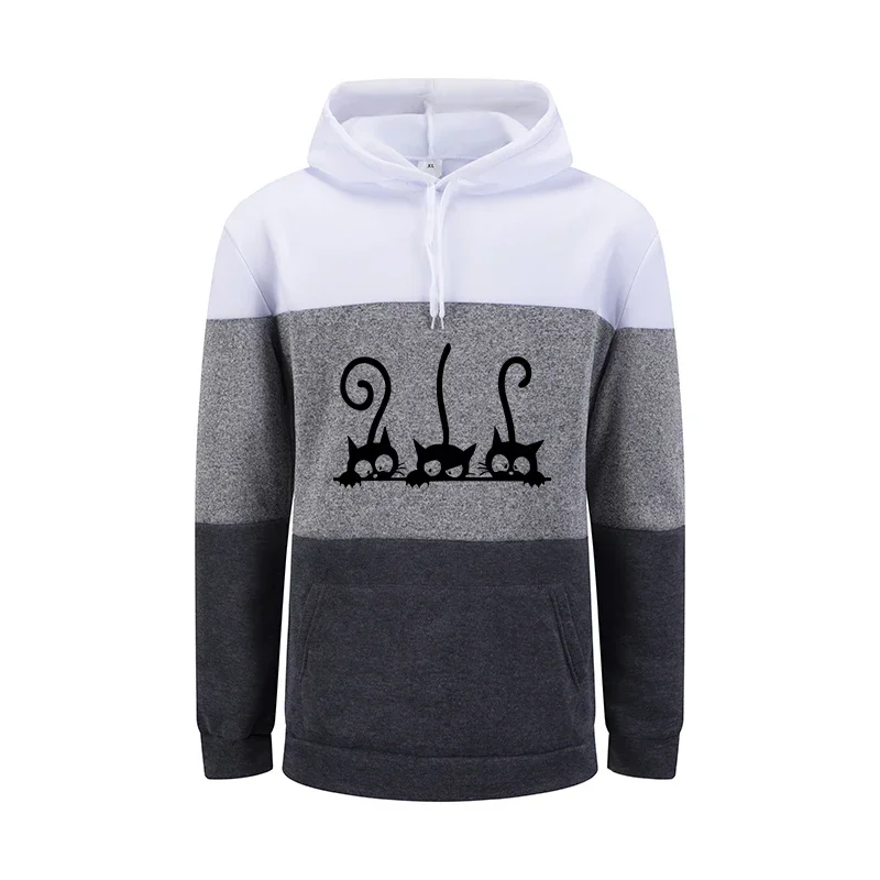 Bloco de cores das mulheres hoodies bonito gato impressão casual moletom esportes jogging topos casa quente conforto emenda roupas femininas
