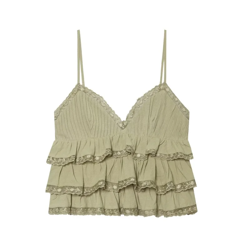 Fanan Women's Cotton Green White Ruffled Tiered Cami Top Lace Trim Spaghetti Strap Cropped Boho Beach Vacation Summer 2026