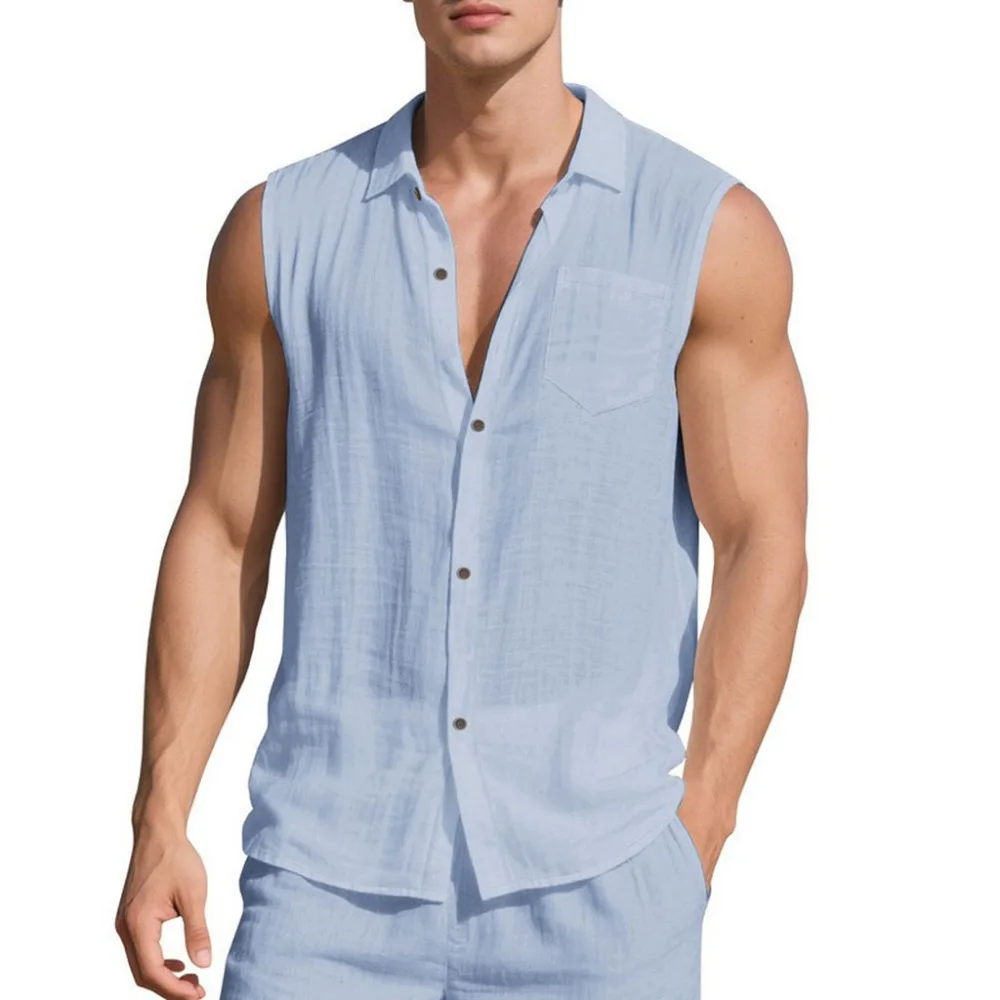 Men's Cotton Tank Tops Fashion Laple Collar Single Breasted Sleeveless Tops Casual Simple Style Solid Color Clothing