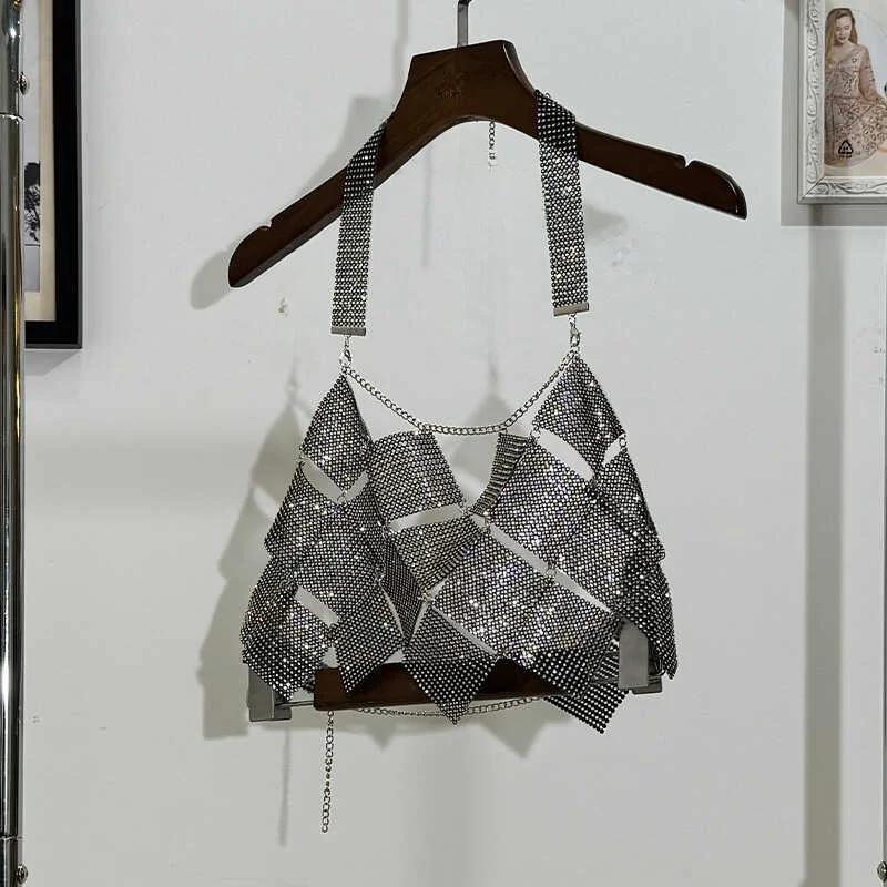 

Faionable Yanie Crossbody Sexy Diamond Embedded Hollow Chain Patchwork Water Diamond Irregular ape Square Strap Vest