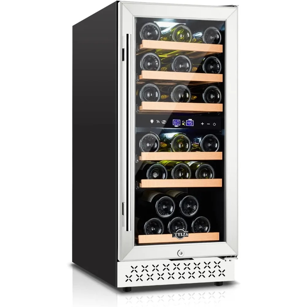 Mini Fridge 15 Inch Wine Cooler Under Counter, 30 Bottle Dual Zone Wine Fridge with Stainless Steel, Wine Refrigerator