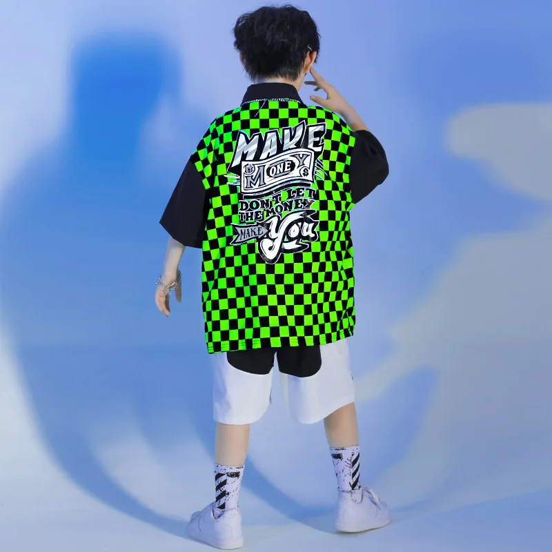 子供ヒップホップ服グリーンフェイクツーピーストップス黒白スプライシングショーツ女の子男の子ダンス衣装服