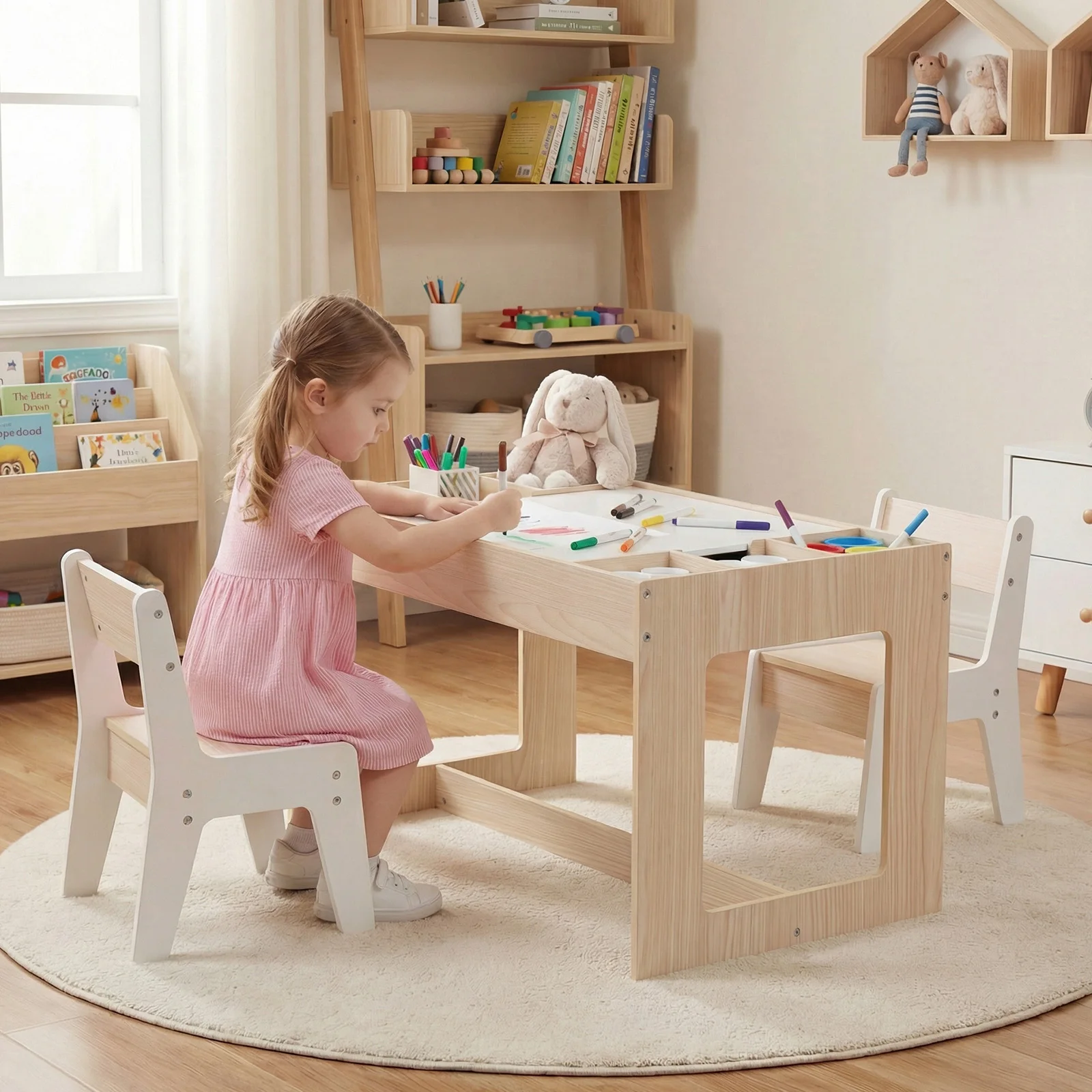 Multifunctional Kids Table & 2 Chairs Set w/ Removable Double-sized Tabletop view 2