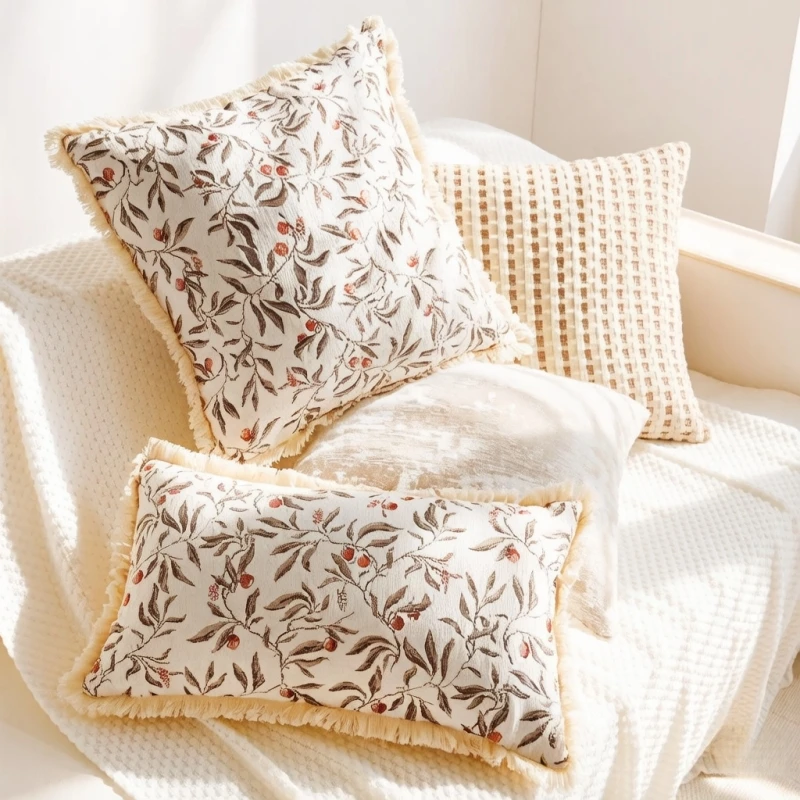 Fringed Edge Throw Pillow Cover 30x50cm 45x45cm Country Style Cushion Case with Waxberry Jacquard for Sofa Bed Home Decor