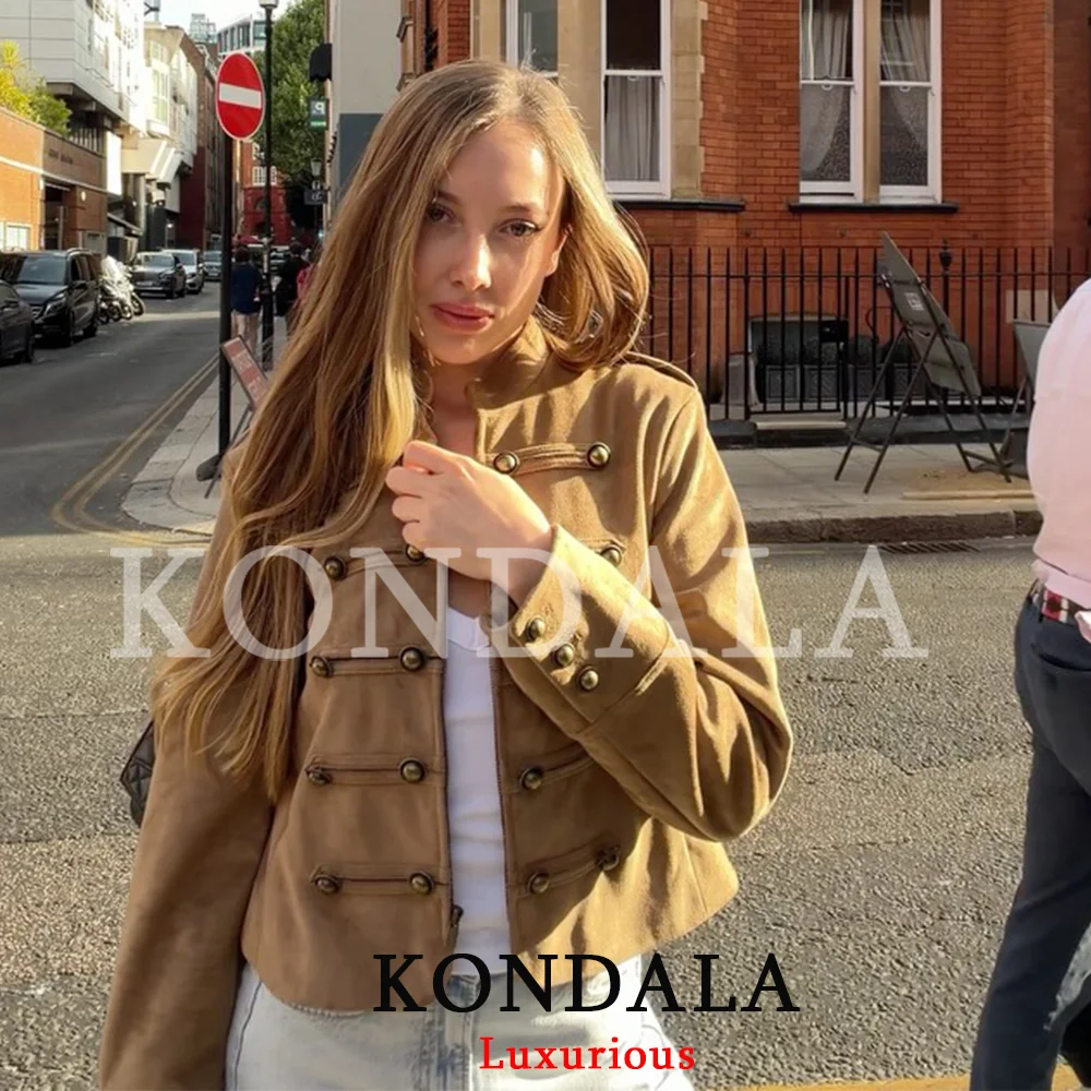 KONDALA Streetwear Vintage Chic Wildleder Khaki Damenjacke mit Knotenknöpfen, Reißverschluss, Langarm, Mode 2026 Herbst-Winter-Jacke – Detail 4