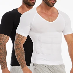 Men's Short Sleeve Compression T-Shirt V-neck Shapewear Tummy Control Flat Belly Tank Top Fitness Workout Slimming Body Shaper