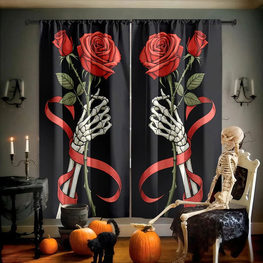 2PCS Digital Print Curtain, Skeleton Hand Holding Red Rose Ribbon Black, Gothic Romantic for Living Room Bedroom Decor